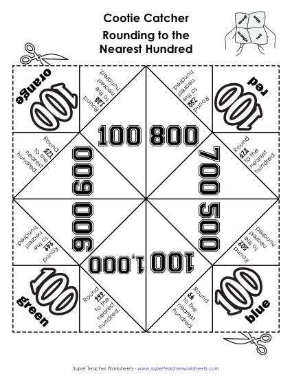 Nearest Hundred (3-Digit Numbers Only) - Foldable Fortune Teller Game: Rounding to the Nearest Hundred (Printable PDF Worksheet)