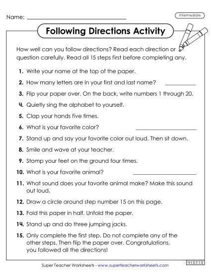 Following Directions - Following Directions Activity (Intermediate) (Printable PDF Worksheet)