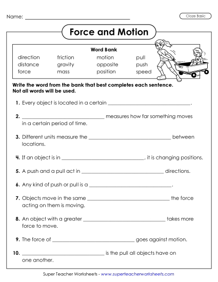 Basic Force & Motion - Force & Motion Cloze Activity (Basic) (Printable PDF Worksheet)