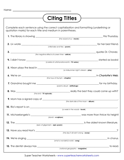 Quotation Marks for Titles - Formatting Titles (Practice Only) (Printable PDF Worksheet)