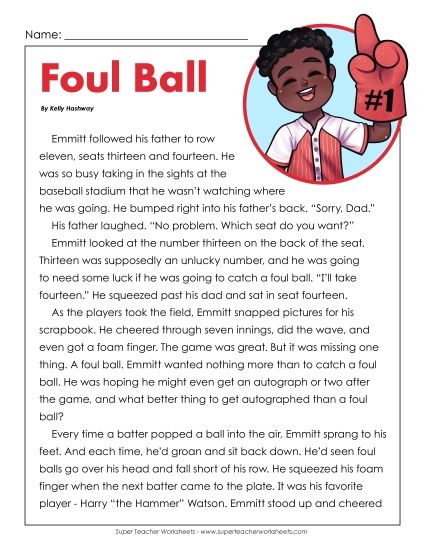 Fiction Stories - Foul Ball (Fiction) (Printable PDF Worksheet)