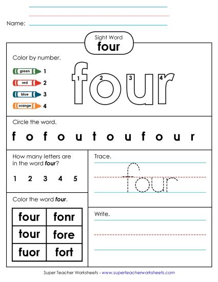 Individual Sight Words - Four (Sight Word) (Printable PDF Worksheet)