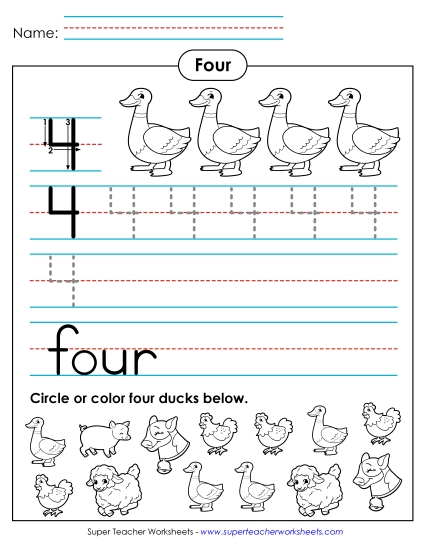 Number Four - Four: Trace, Print, Count (Printable PDF Worksheet)