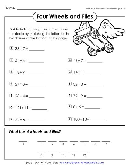Division - Four Wheels and Flies (Basic Division Facts) (Printable PDF Worksheet)