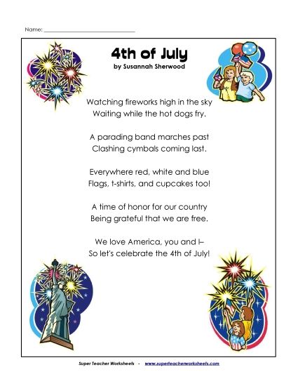Holiday Poems - Fourth of July (Independence Day) (Printable PDF Worksheet)