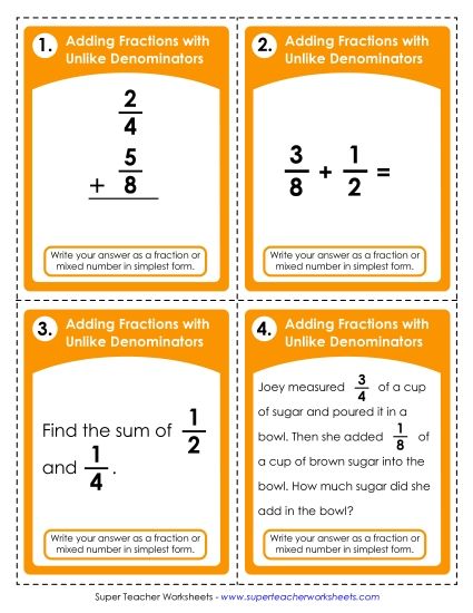 Fractions, Mixed Numbers, and Decimals - Fraction Addition (Unlike Denominators) (Printable PDF Worksheet)