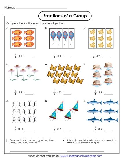Fractions of Sets Unit Fractions Only (Basic Level) - Fraction of a Group: Illustrations (Printable PDF Worksheet)