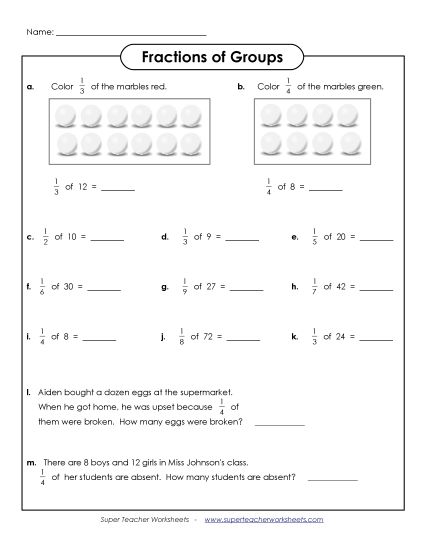 Fractions of Sets Unit Fractions Only (Basic Level) - Fraction of Groups (Basic) (Printable PDF Worksheet)