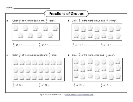 Fractions of Sets All Fractions (Advanced Level) - Fraction of Groups: Marbles (Advanced) (Printable PDF Worksheet)