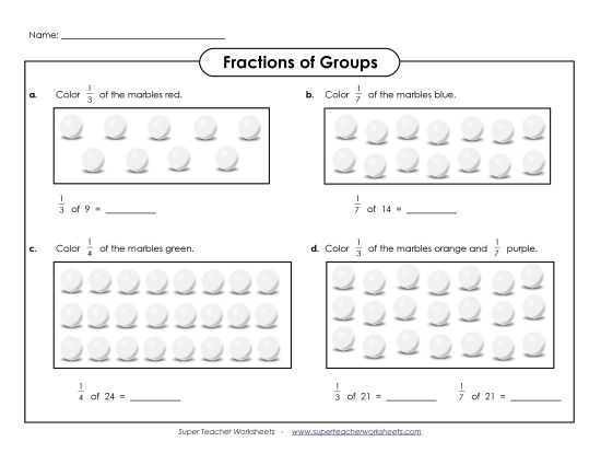 Fractions of Sets Unit Fractions Only (Basic Level) - Fraction of Groups: Marbles (Intermediate) (Printable PDF Worksheet)