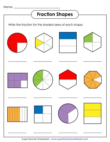 Fractions of Shapes Worksheets - Fraction Shapes 1 (Printable PDF Worksheet)