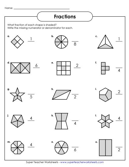 Fractions of Shapes Worksheets - Fraction Shapes 2 (Printable PDF Worksheet)