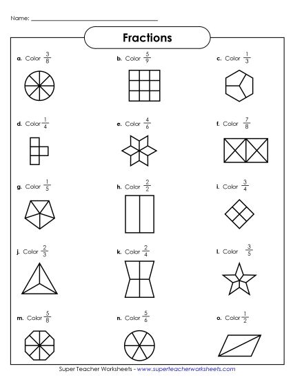 Fractions of Shapes Worksheets - Fraction Shapes 3 (Printable PDF Worksheet)
