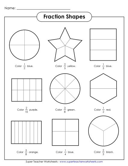 Fractions of Shapes Worksheets - Fraction Shapes 4 (Printable PDF Worksheet)