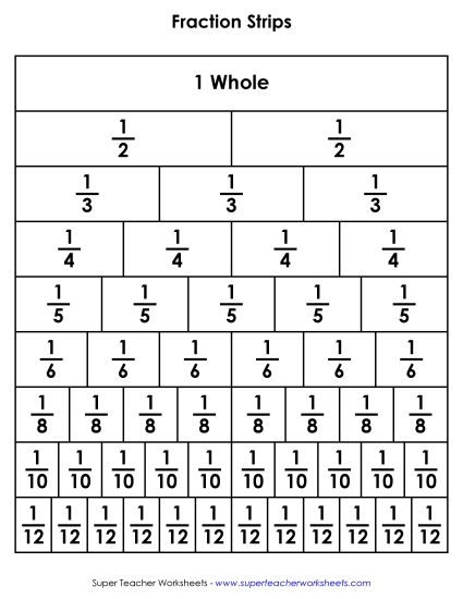 Fraction Strips - Fraction Strips (Black & White) (Printable PDF Worksheet)