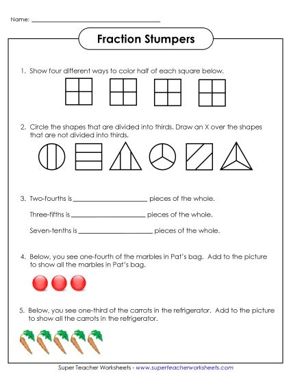 Basic Fraction Worksheets - Fraction Stumpers (Printable PDF Worksheet)