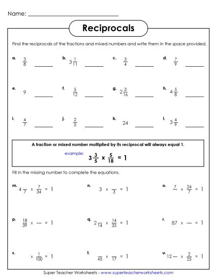 Fraction Times Reciprocal (Printable PDF Worksheet)