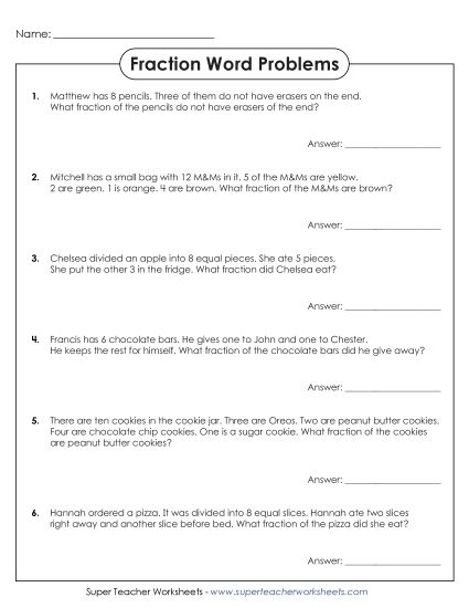 Other - Fraction Word Problems (Easy) (Printable PDF Worksheet)