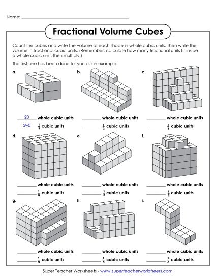 Fractional Volume Cubes - Fractional Volume Cubes  (Whole and Fractional Cubic Units) (Printable PDF Worksheet)
