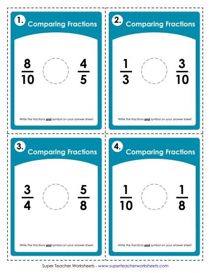 Fractions, Mixed Numbers, and Decimals - Fractions: Comparing (No Illustrations) (Printable PDF Worksheet)