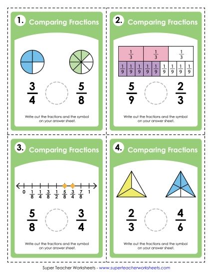 Fractions, Mixed Numbers, and Decimals - Fractions: Comparing (With Illustrations) (Printable PDF Worksheet)