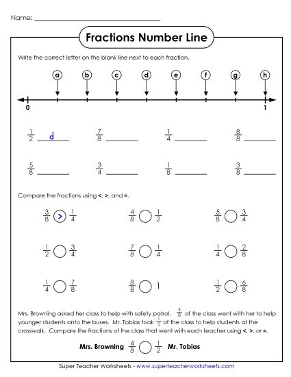 Fractions and Decimal Number Lines - Fractions Number Line #1 (Printable PDF Worksheet)