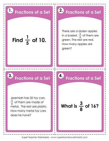 Fractions, Mixed Numbers, and Decimals - Fractions of Sets (Printable PDF Worksheet)