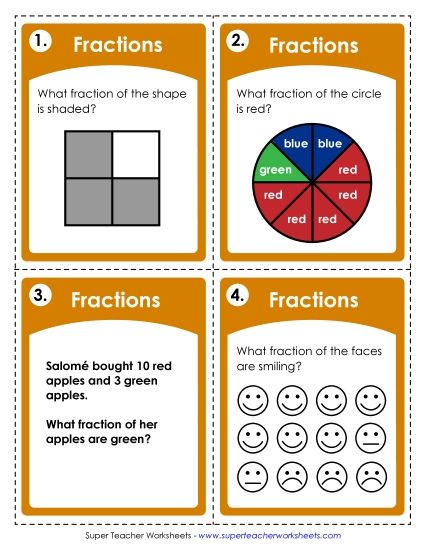 Fractions, Mixed Numbers, and Decimals - Fractions Printable Worksheet (Basic) (Printable PDF Worksheet)