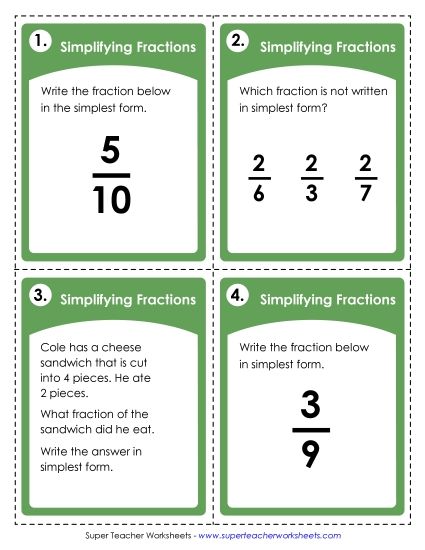 Fractions, Mixed Numbers, and Decimals - Fractions: Simplest Form (Printable PDF Worksheet)