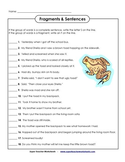 Fragment or Sentence? (Printable PDF Worksheet)