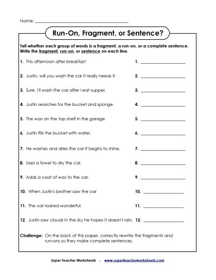 Fragment, Run-On, or Sentence? (Printable PDF Worksheet)