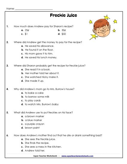 Freckle Juice Questions (Whole Book) (Printable PDF Worksheet)