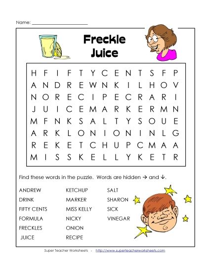 Freckle Juice Word Search (Printable PDF Worksheet)
