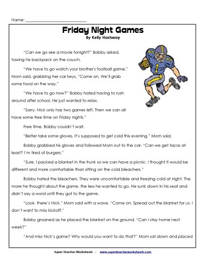 Reading & Writing - Friday Night Football (Fiction) (Printable PDF Worksheet)