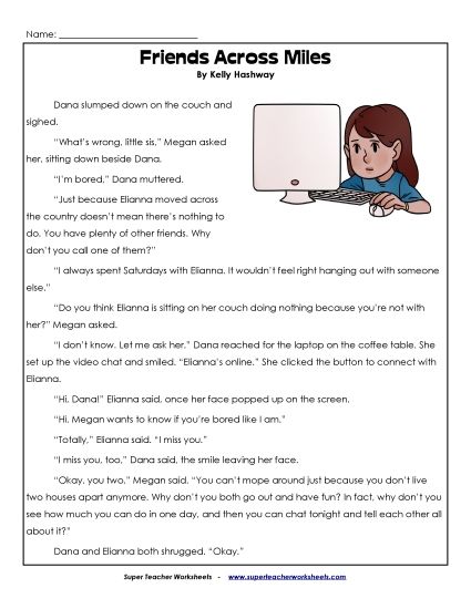 Fiction Stories - Friends Across Miles (Printable PDF Worksheet)