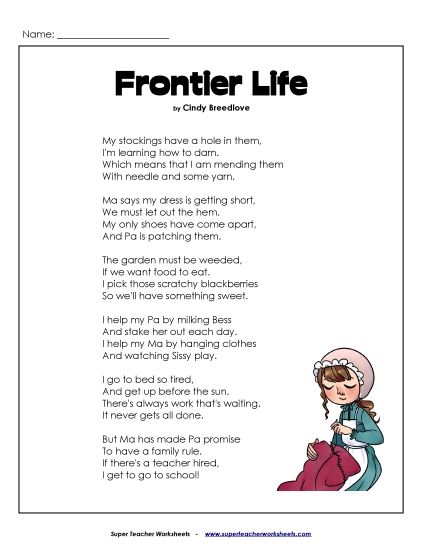 4th Grade Poems - Frontier Life Poem (Printable PDF Worksheet)