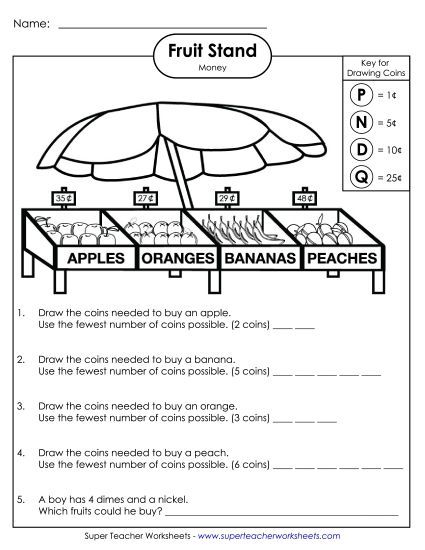 Coins Only (No Bills) - Fruit Stand (Printable PDF Worksheet)