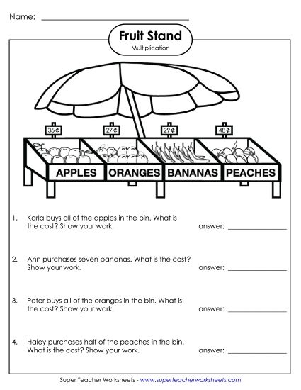 Money Times 1-Digit Worksheets - Fruit Stand Money: 1-digit Numbers (Easier) (Printable PDF Worksheet)