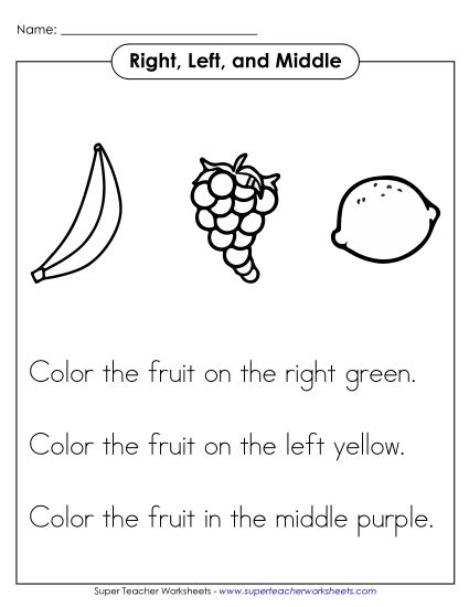 Right, Left, Middle - Fruits (Printable PDF Worksheet)
