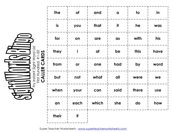 Level 1: First Hundred - Fry Bingo: First Hundred 1-50 (Printable PDF Worksheet)