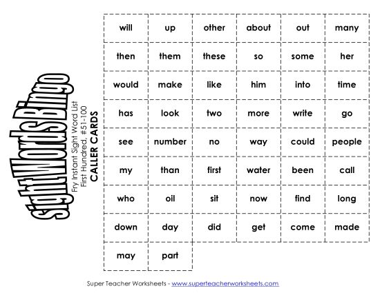 Level 1: First Hundred - Fry Bingo: First Hundred 51-100 (Printable PDF Worksheet)