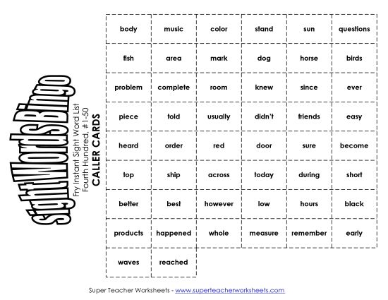 Level 4: Fourth Hundred - Fry Bingo: Fourth Hundred 1-50 (Printable PDF Worksheet)