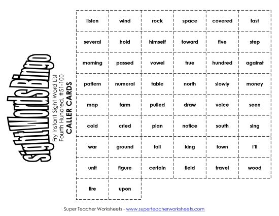 Level 4: Fourth Hundred - Fry Bingo: Fourth Hundred 51-100 (Printable PDF Worksheet)