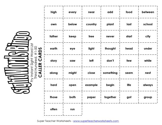 Level 3: Third Hundred - Fry Bingo: Third Hundred 1-50 (Printable PDF Worksheet)
