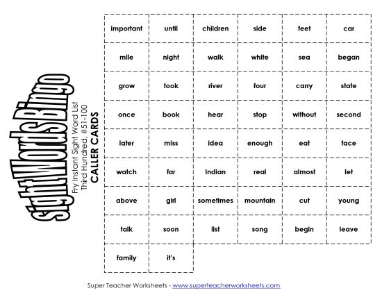 Level 3: Third Hundred - Fry Bingo: Third Hundred 51-100 (Printable PDF Worksheet)