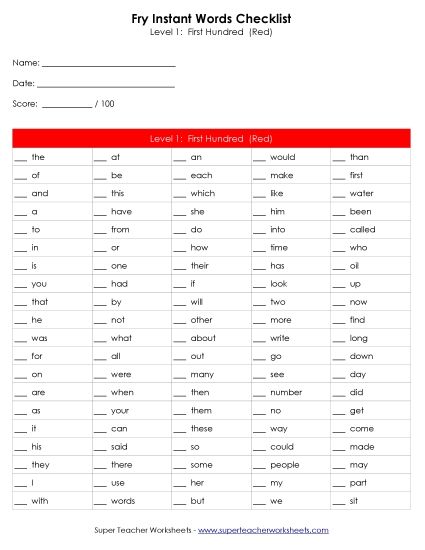 Fry Instant Word Checklist - Fry Word Checklists (Printable PDF Worksheet)