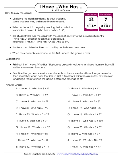 Addition Worksheets & Games - Fun Addition Activity: I Have / Who Has Game (Printable PDF Worksheet)