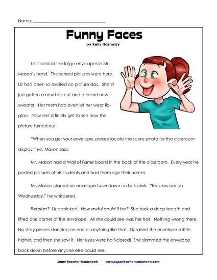 Fiction Stories - Funny Faces (Fiction) (Printable PDF Worksheet)