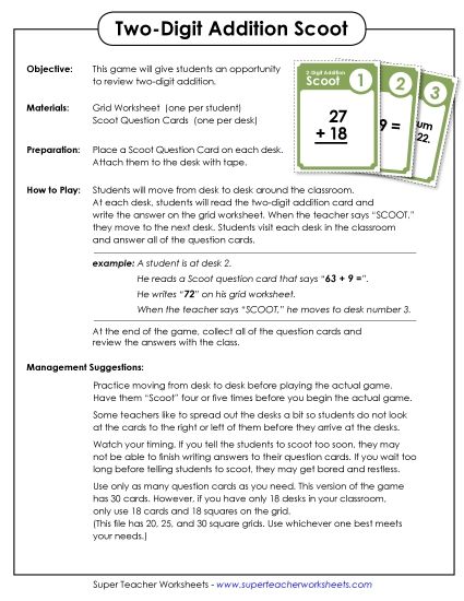Games & Task Cards (2-Digit Addends) - Game: 2-Digit Addition Scoot (Printable PDF Worksheet)