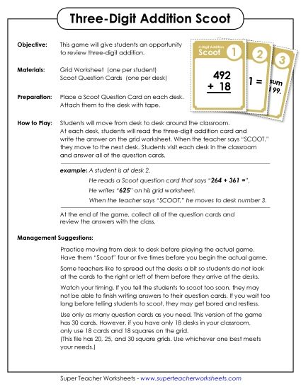 Addition (3-Digit Addends) - Game: 3-Digit Addition Scoot (Printable PDF Worksheet)